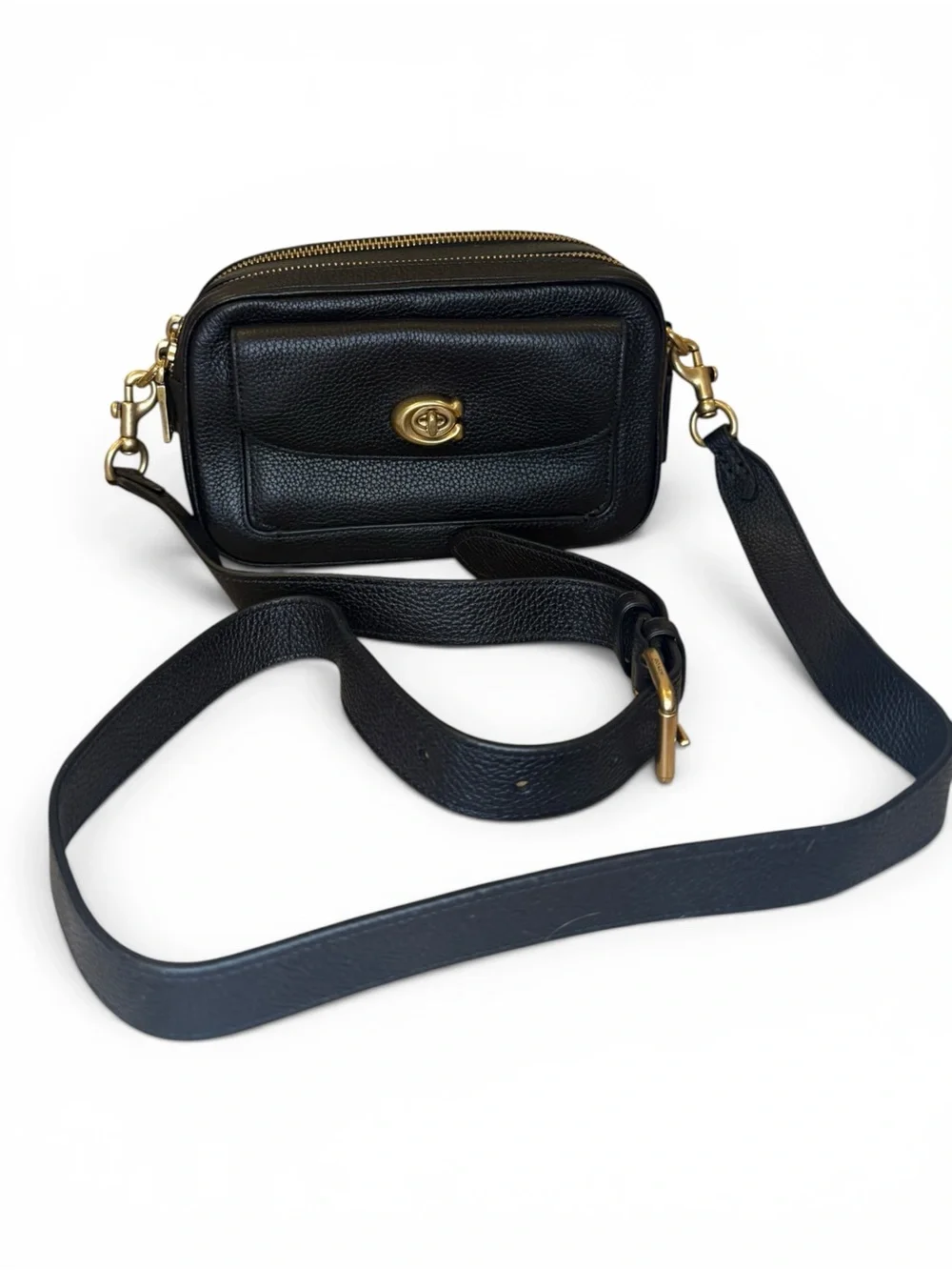 Coach Black Pebbled Leather Crossbody with Gold-Tone Turnlock